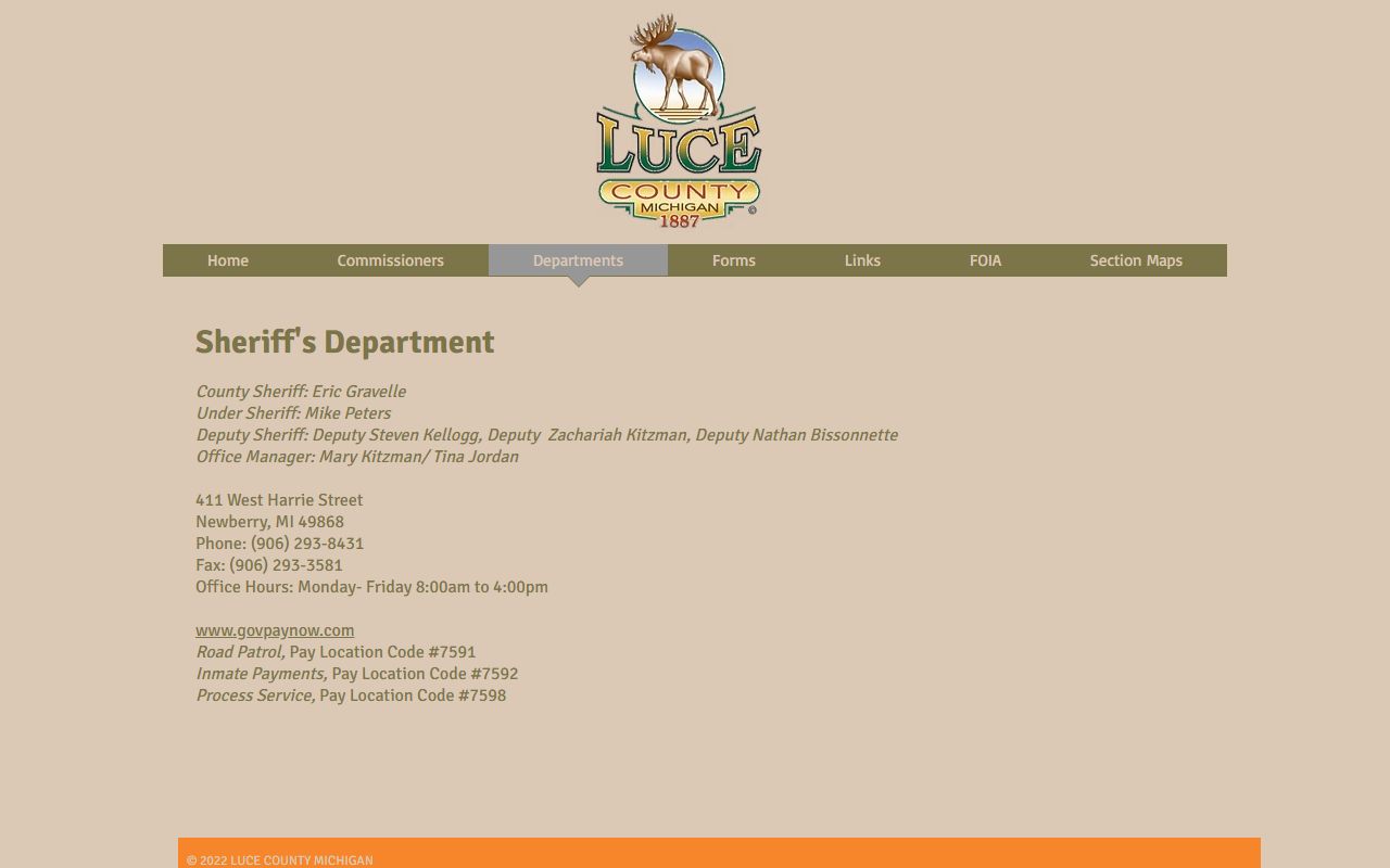Luce County inmate population sheriff department contact and payment information