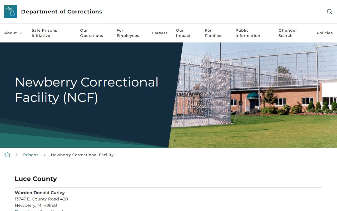MDOC page for Newberry Correctional Facility with address, contact, capacity, programs, and security information